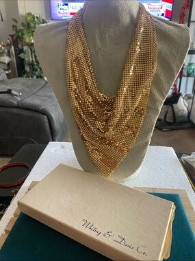 Whiting & Davis Metal Mesh Gold Bib Necklace w/ Box